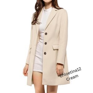 New Women Lapel Collar Long Wool Pea Coat Cream Button Down Gorgeous Coat